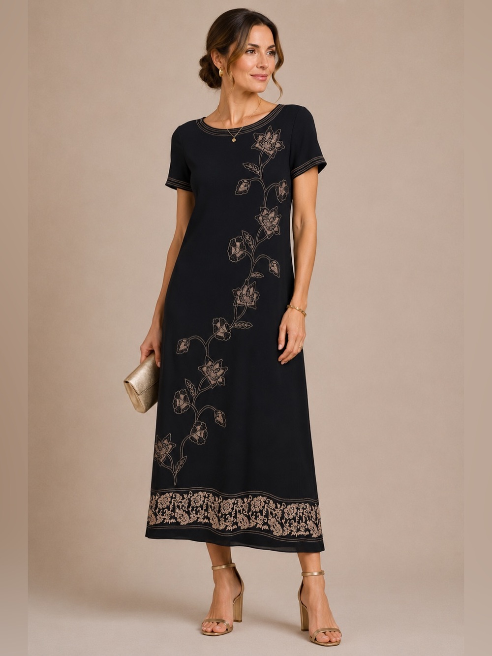 Dana Buchman Embroidered Black Maxi Dress Silk Blend Floral Midi 6